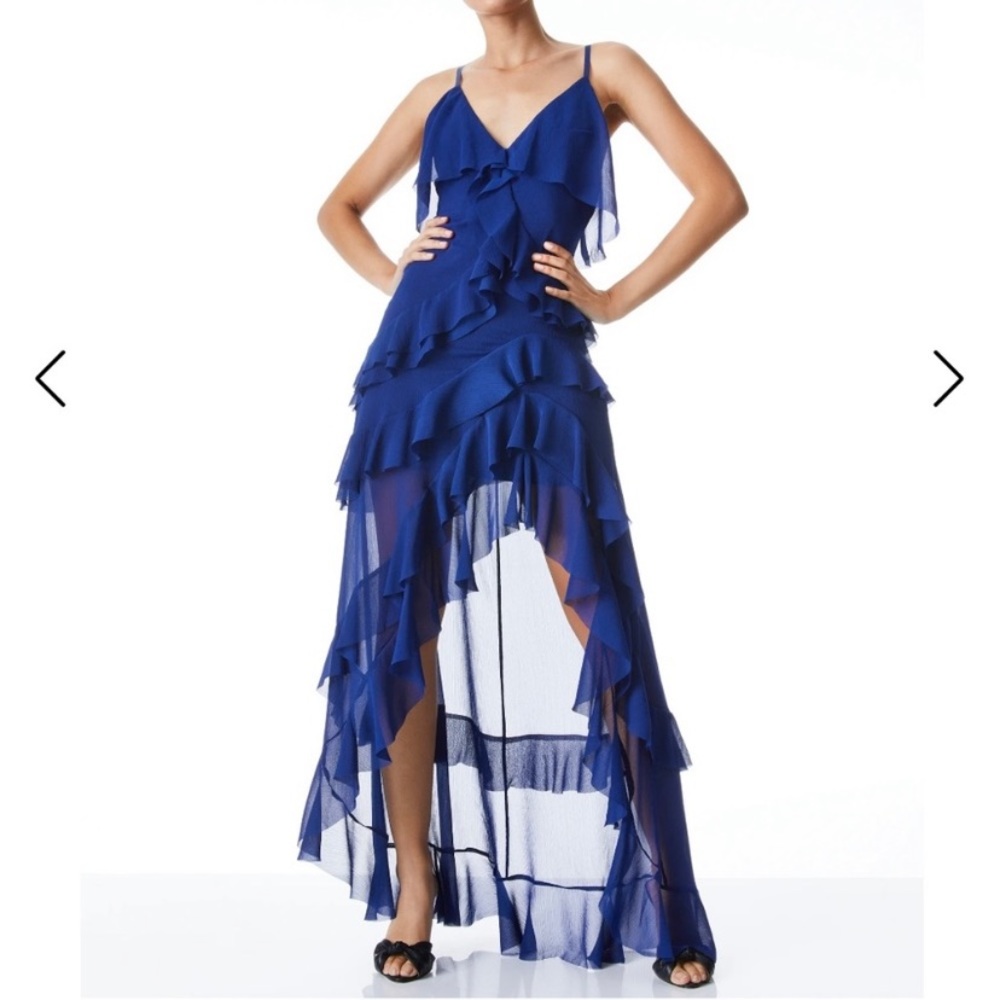Alice + Olivia Lavern lace back asymmetrical ruffle dress
